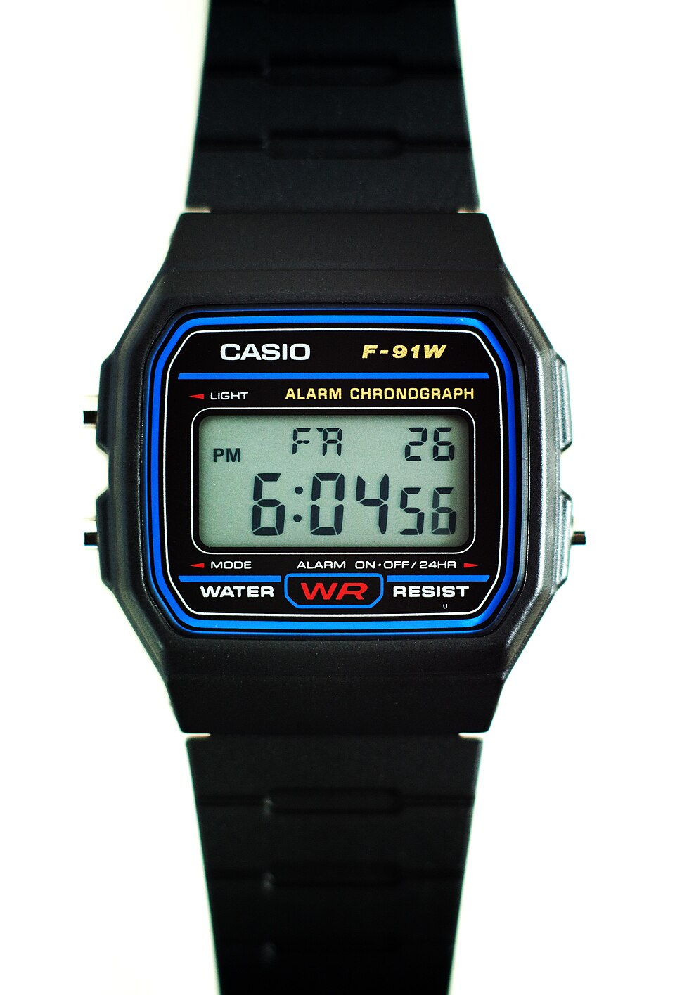 Front view of a black Casio F-91W with blue dial border